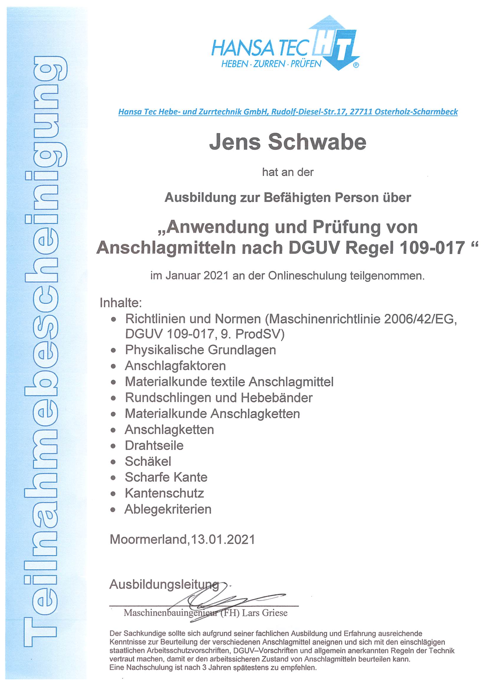 HANSA TECH DGUV Regel 109-017 Zertifikat