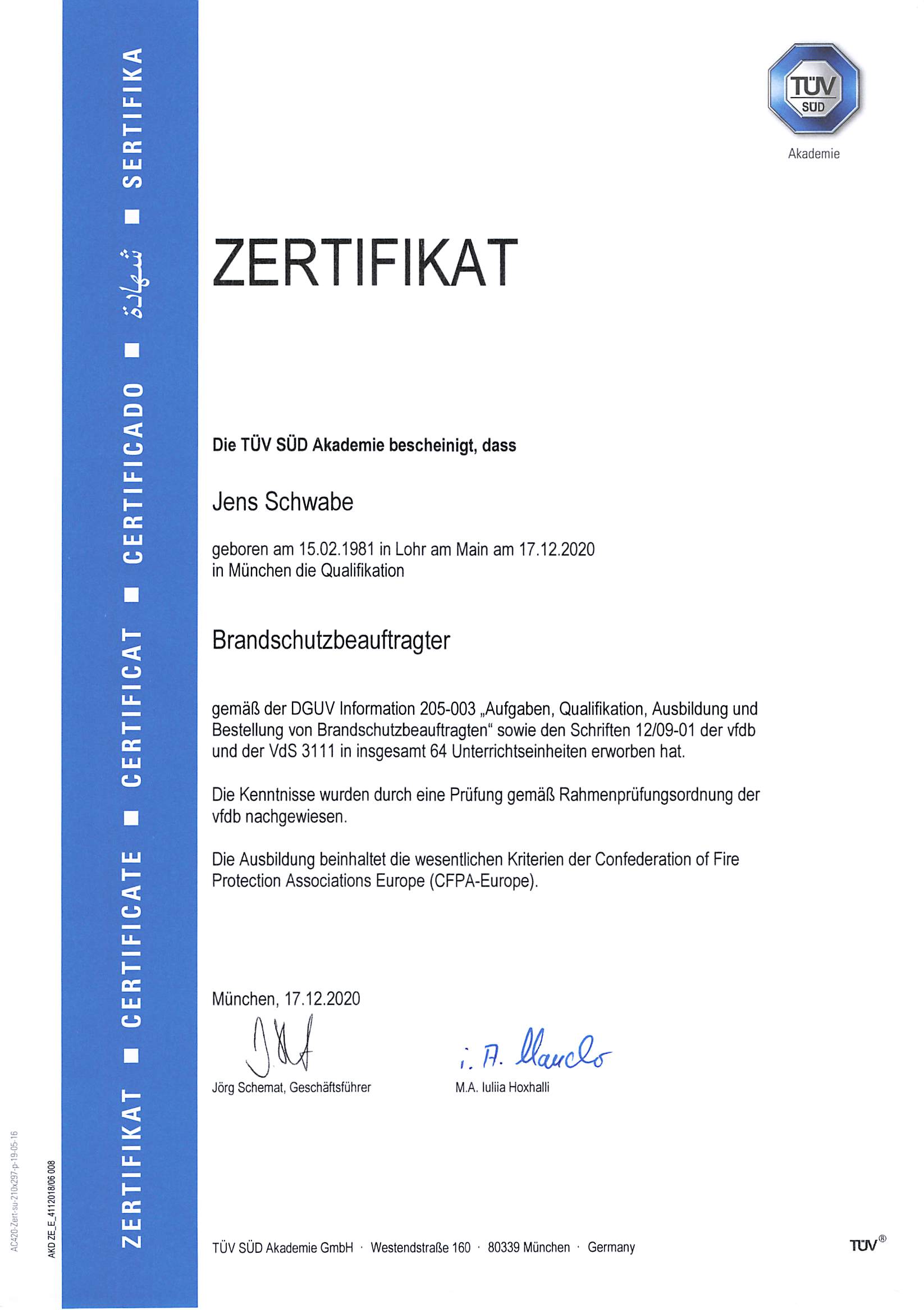 TÜV SÜD Akademie Zertifikat