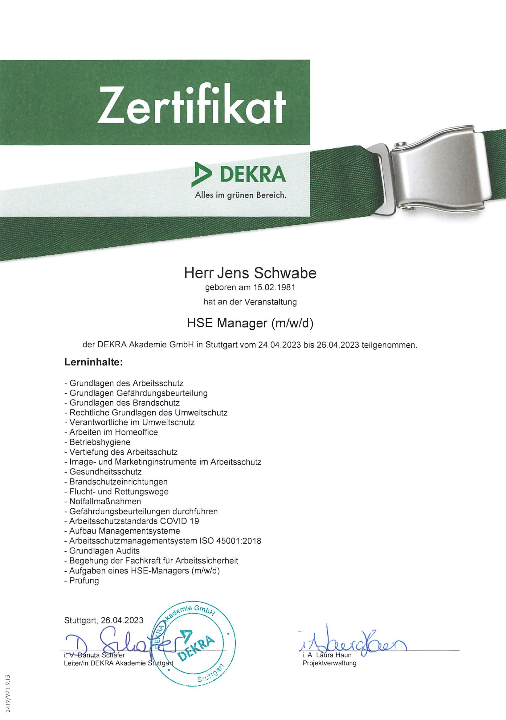 DEKRA Zertifikat