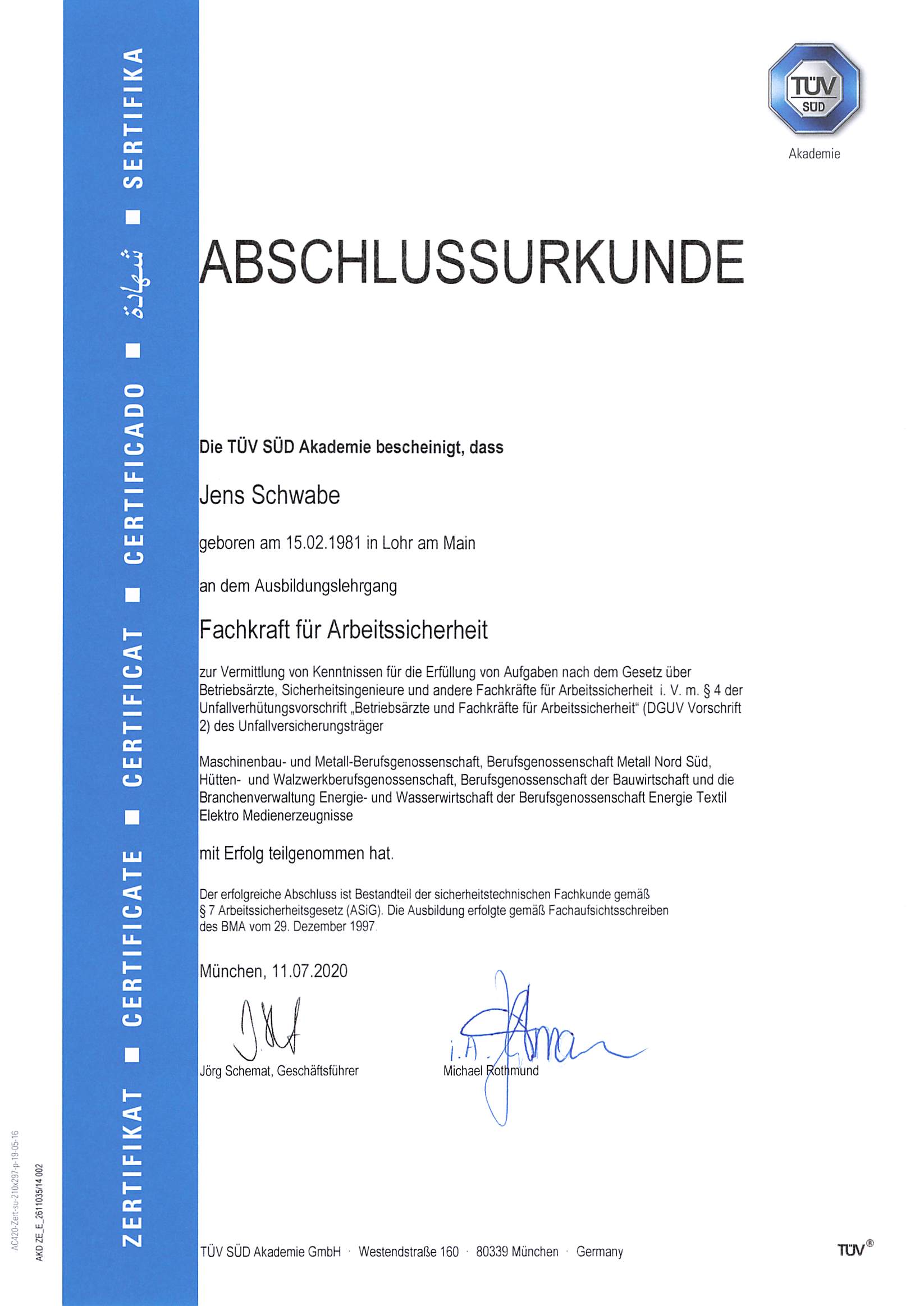 TÜV SÜD Akademie Urkunde