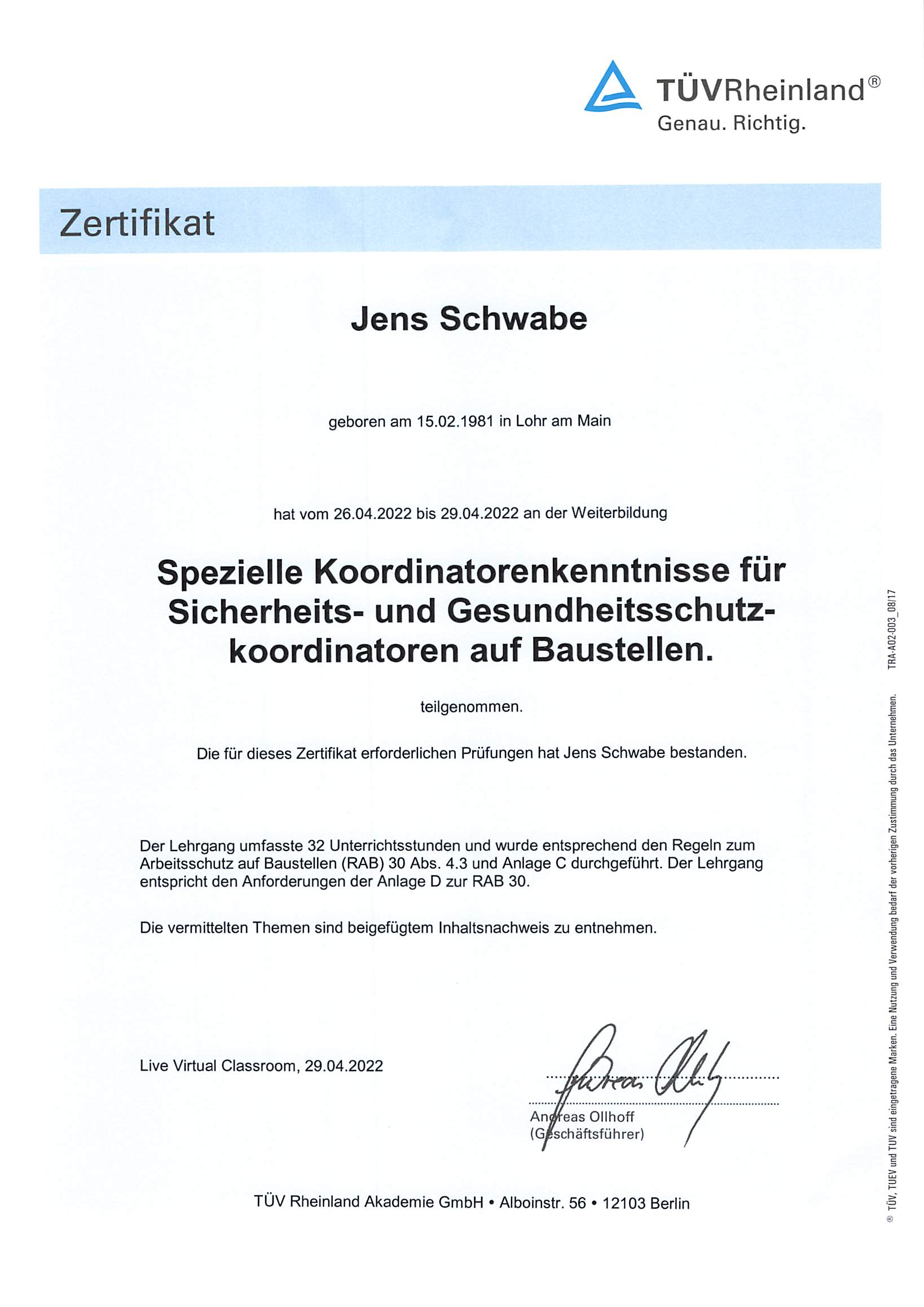 TÜV RHEINLAND Zertifikat