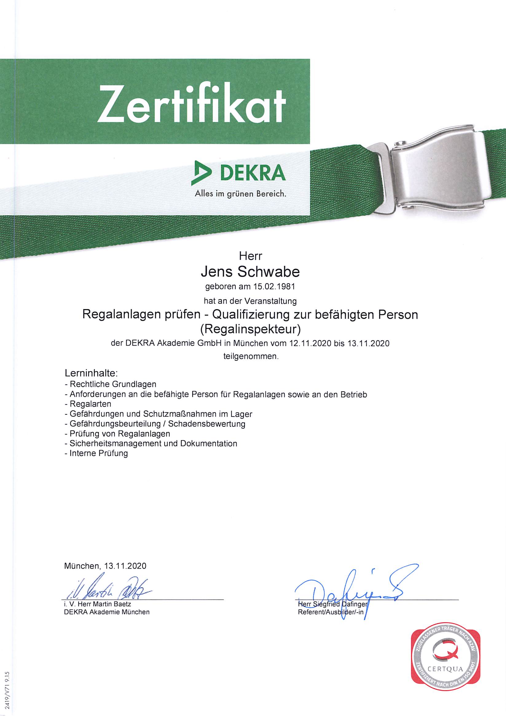 Geprüfter Regalinspekteur Zertifikat